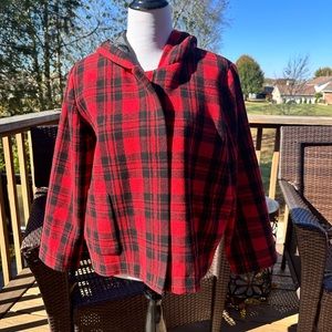 Kate Spade Saturday black red plaid hooded jacket, wool. VGUC XL
